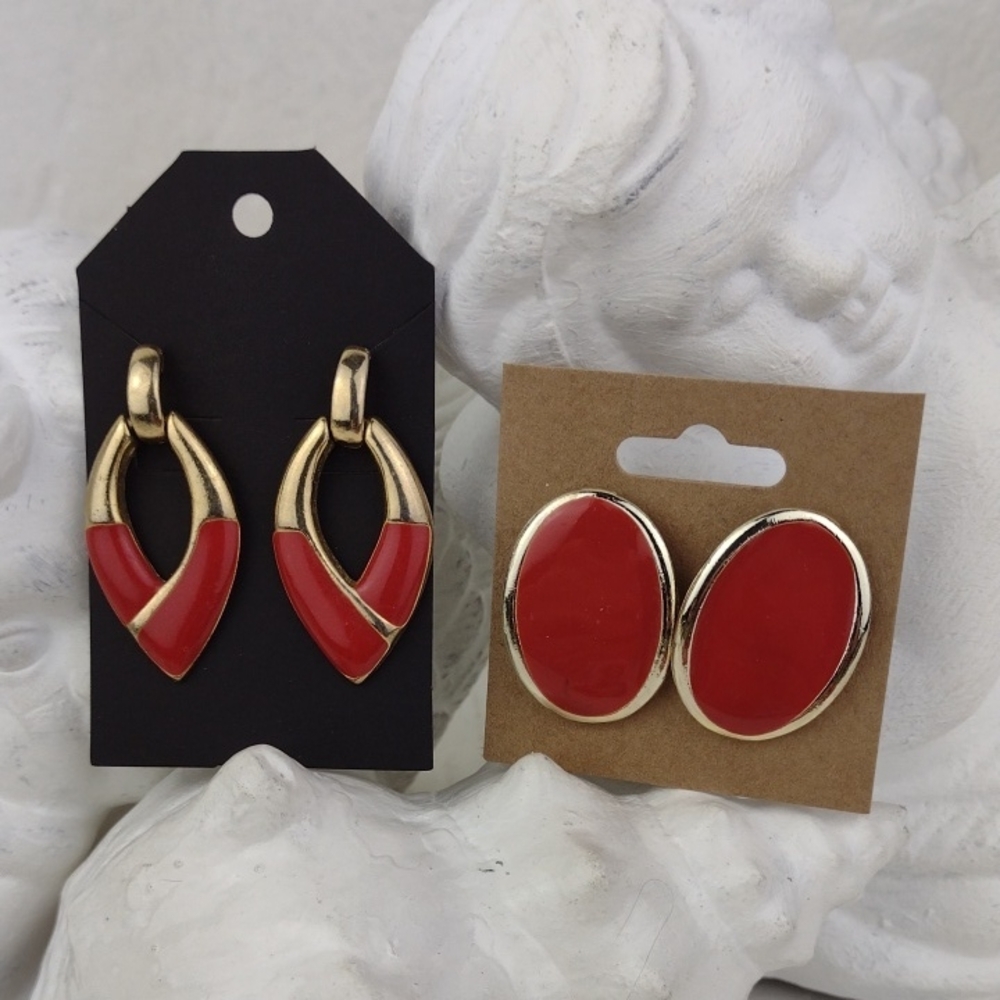 2 Very Nice Gold-Tone Red Enamel Pierced Post Earrings